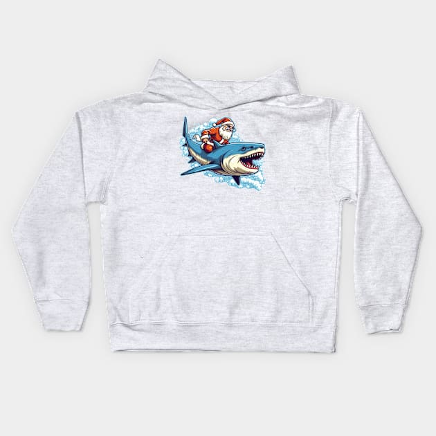 Santa Claus riding a shark Kids Hoodie by RosaliArt